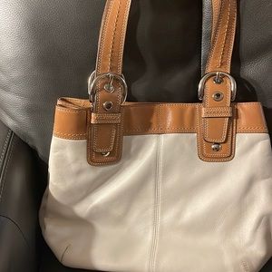White leather with tan leather handle and trim Coach purse